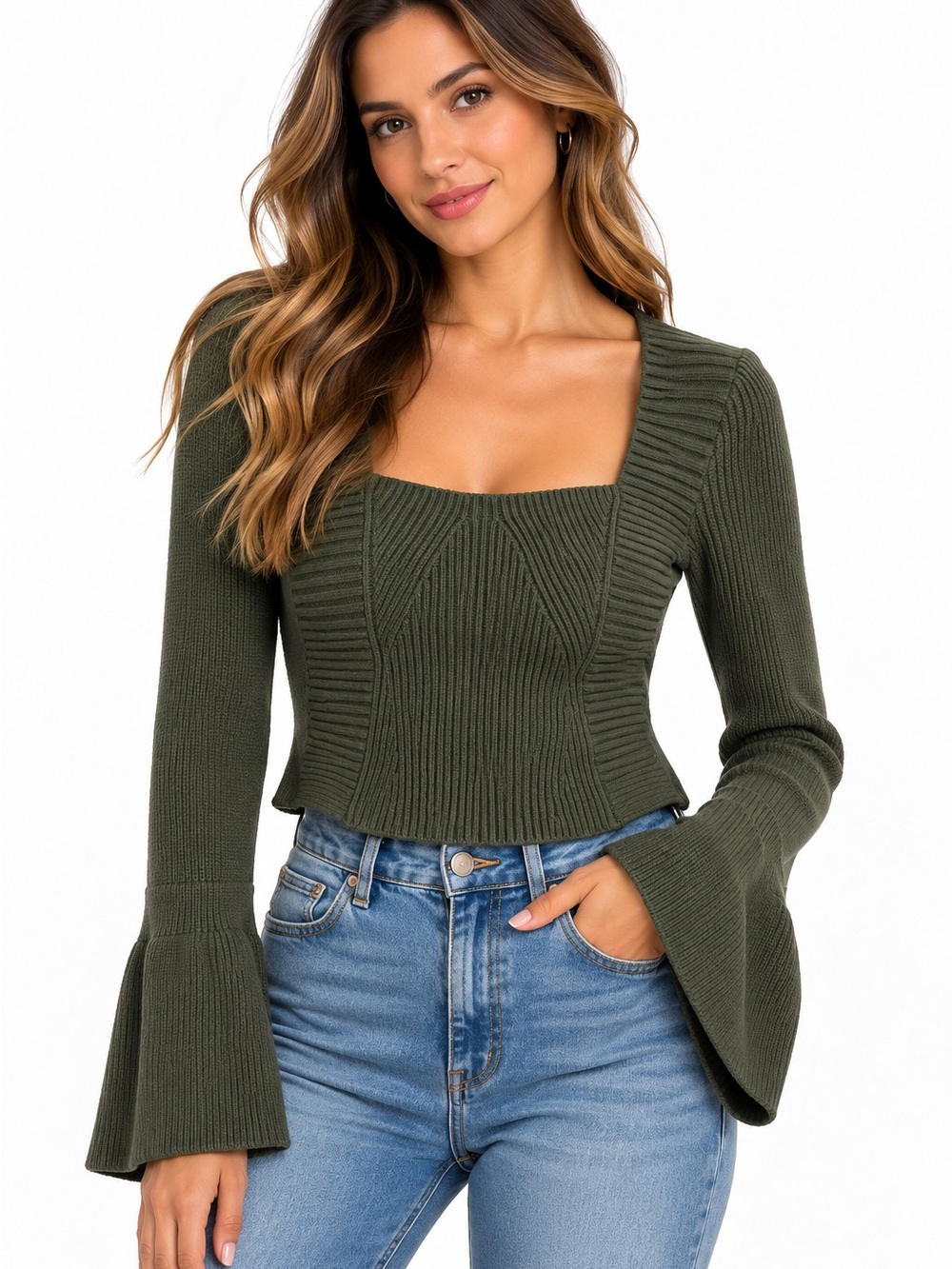 Forever 21 Olive Green Square Neck Bell Sleeve Ribbed Sweater Size L